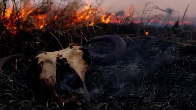 Argentina Wildfires in Corrientes &ndash; Cow Amid Grass Fire Highlighting Devastation to Livestock and Agriculture