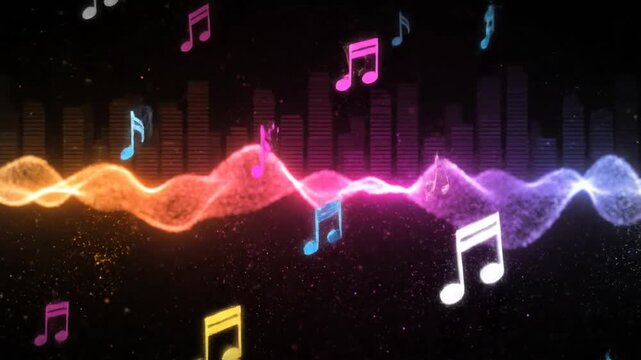 Vibrant Musical Notes Dancing Across a Dark Background in a Colorful Melody
