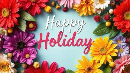 Vibrant flowers surround Happy Holiday greeting on colorful background