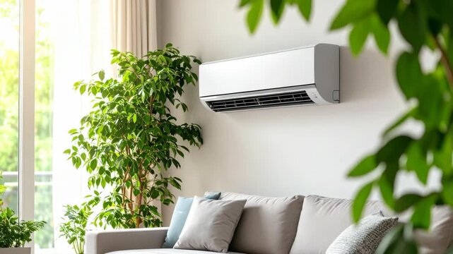 Modern living room with split system air conditioner and lush green plants