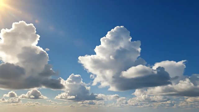 Fluffy white clouds fill the sky on a sunny day. Blue hues complement the bright sunlight