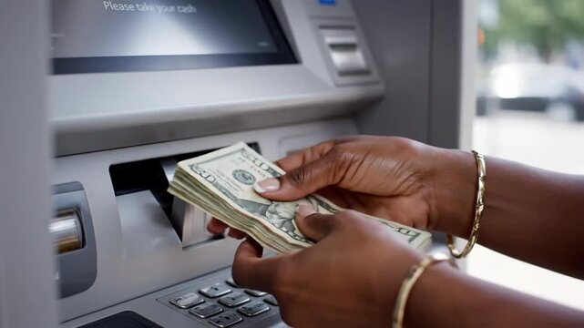 Person retrieves a stack of cash, primarily $20 bills, from the dispensing slot of an automated teller machine
