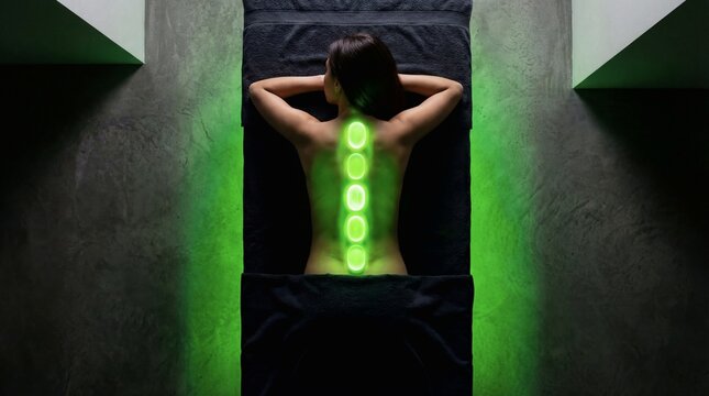 Woman with glowing chakra points along her spine during meditation. Holistic wellness concept representing spiritual healing and energy.