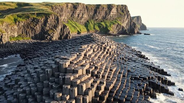 Coastal scene with hexagonal basalt columns, cliffs, green grass, and ocean waves