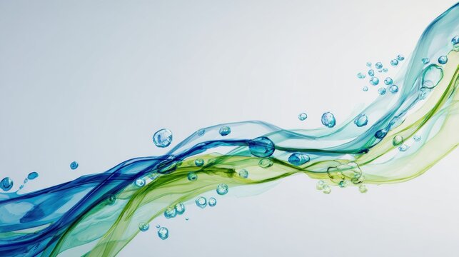 Elongated blue green flow with intertwined translucent ribbons and microbubbles, panoramic movement, sense of continuous hydrogen circulation, futuristic clean energy narrative, airy light and elegant