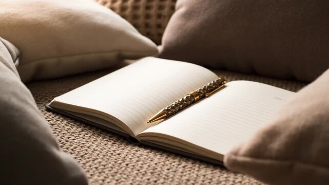 Open journal with pen on sofa.
