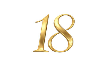Golden 3d number 18 on transparent background