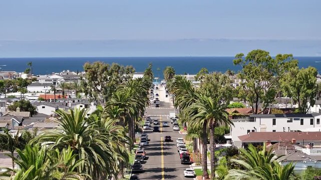 Aerial view of palm trees in Orange County California coastal city of Newport Beach and Corona Del Mar on a sunny day.