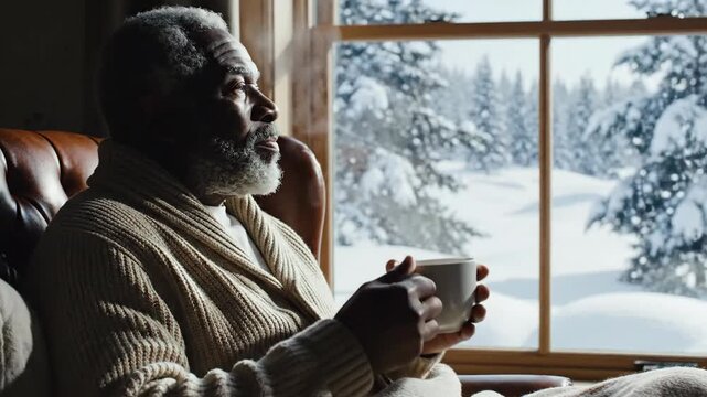 Person sips coffee, seated in chair looking out a window at a snowy landscape with trees