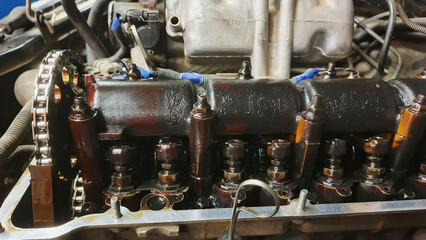 Disassembled car engine with camshaft and valves.