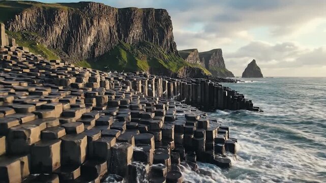 Coastal view features hexagonal basalt columns, ocean waves, cliffs, and flying birds under cloudy sky