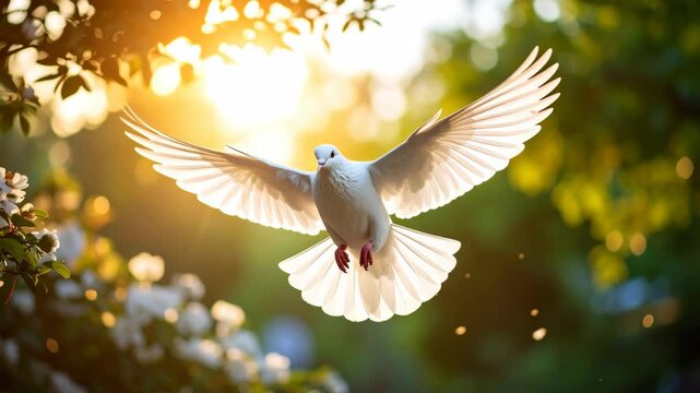 White dove soaring with wings spread against a warm sunlit forest background with delicate flowers
