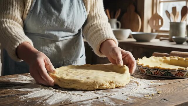 Person spreads dough with hands on a floured wooden surface. Pie crust and baking tools are visible