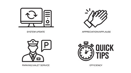 Fototapeta premium Minimalist black and white vector icons for productivity and service branding featuring a system update, clapping hands appreciation, valet parking, and efficiency stopwatch.