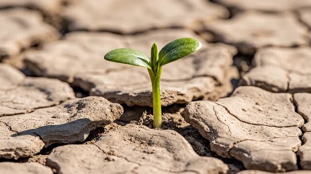 A young plant sprouts from cracked earth, showcasing resilience and the power of new beginnings