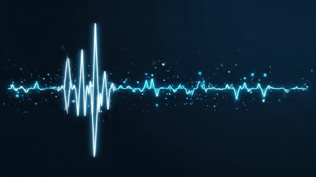Glowing blue ECG heartbeat waveform with particles on a dark background, showcasing a medical rhythm pattern in a futuristic style.