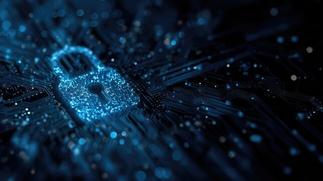 Abstract illustration of a digital padlock symbolizing cybersecurity, data protection, and encryption over a dark background with glowing particles and circuit lines.