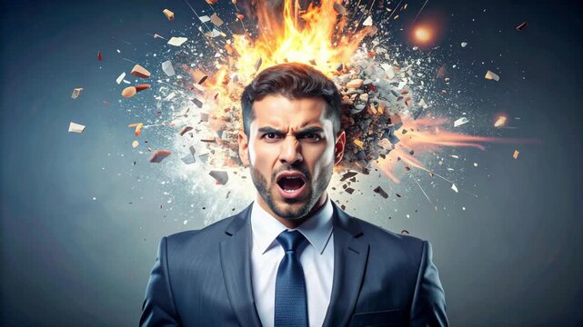 Man in suit experiencing explosive stress with debris and fire around head