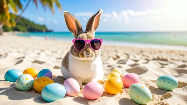 Bunny wearing sunglasses sits on a tropical beach with colorful Easter eggs