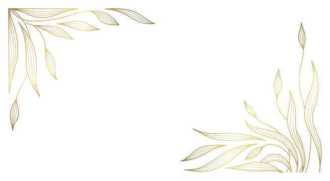 Frame with golden line art branches and leaves. Abstract floral background. Corner decor. Vector illustration