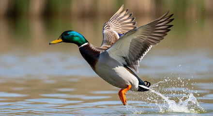 Obraz premium Mallard duck taking off from water