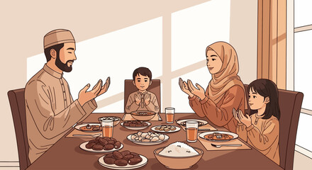 Family gathered around the dinner table praying together before meal in a bright dining room with large windows