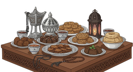 Traditional Middle Eastern Sweets and Beverages on a Decorative Wooden Tray