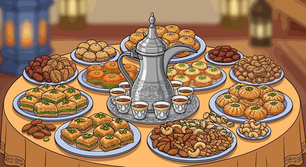A traditional Middle Eastern feast with a teapot and various dishes on a round table