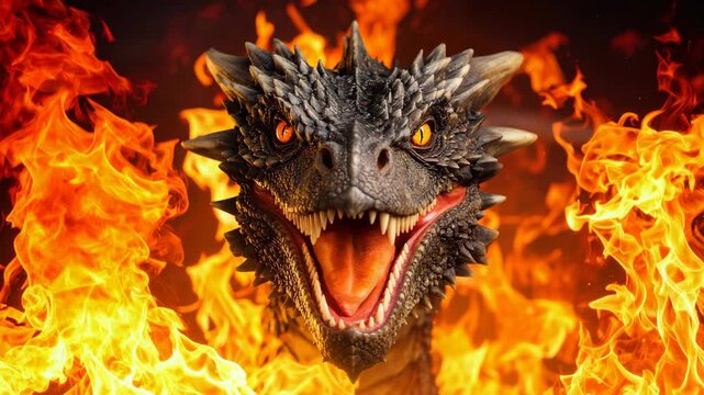 Fierce dragon head emerging from intense flames with glowing eyes and sharp teeth