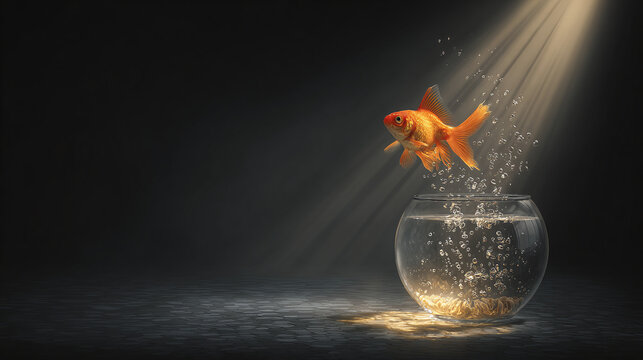 A goldfish jumping out of a small fishbowl into a larger one, symbolizing freedom and growth in a dark background with spotlight