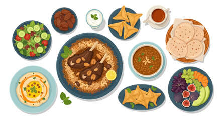 Assorted international cuisine arranged on multiple plates and bowls, captured from a top-down viewpoint
