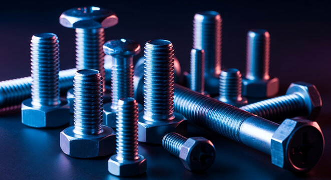 A collection of metal bolts and screws scattered on a dark surface, illuminated by a subtle blue and red glow, viewed from a close-up perspective