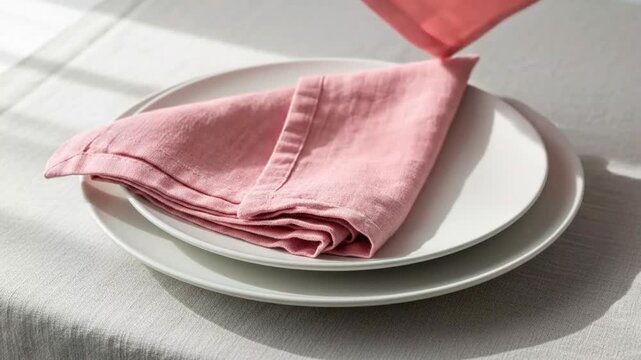 Step-by-step process of folding and arranging pink napkins on white plates for elegant table setting