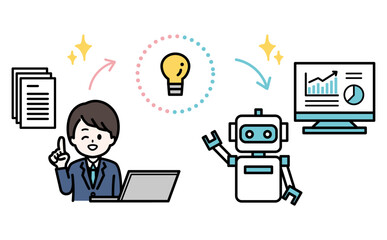 AI活用で業務効率化を実現するビジネスマンとロボットのイラスト