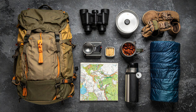 flat lay of camping gear  like a backpack  thermos  binoculars  sleeping back