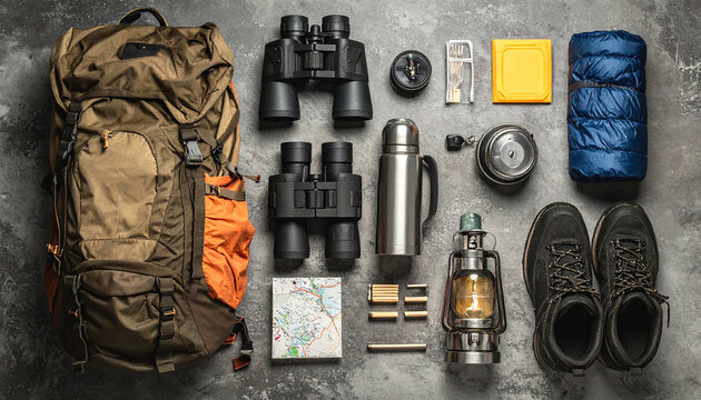 flat lay of camping gear  like a backpack  thermos  binoculars  sleeping back