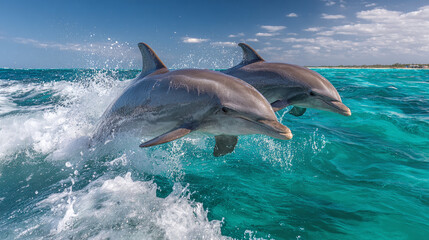 Fototapeta premium Two dolphins leap from turquoise ocean water with splashing waves. Aquatic mammals play joyfully under a clear blue sky. They swim fast, showing their sleek bodies in motion
