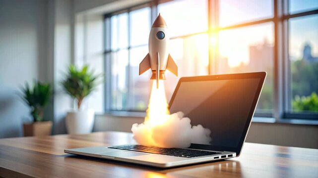 Retro rocket launching from laptop screen with smoke and flames, bright sunlight streaming through window