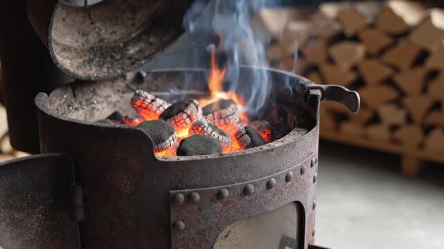 Burning charcoal in a metal brazier with smoke rising, close-up view of hot coals and flames in an industrial setting