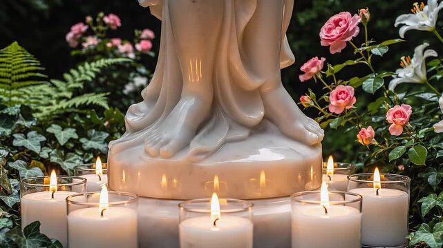 4K video of serene garden scene with Buddha statue and candles