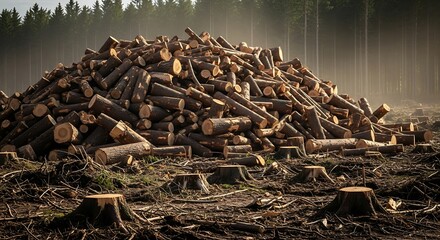 Pile of Cut Logs in Forest Clearing.