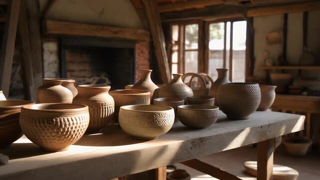 4K video of clay pots on a wooden table in a rustic workshop