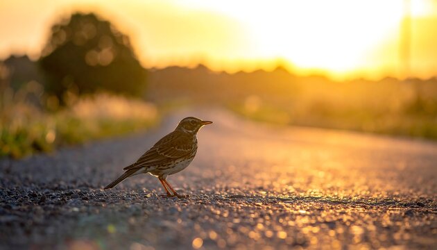Song Thrush Perched on Road at Sunset - A Moment of Serenity.