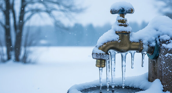 Frozen water tap with icicles hanging from it stands outside in the snow-covered landscape on a cold winter day