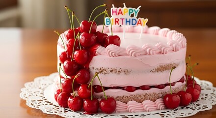 Pink Birthday Cake with Cherries and Decoration.
