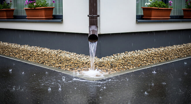 Water flowing from downspout into a gravel filled dry well beside a modern house with flowerpots on the windowsills nearby outside