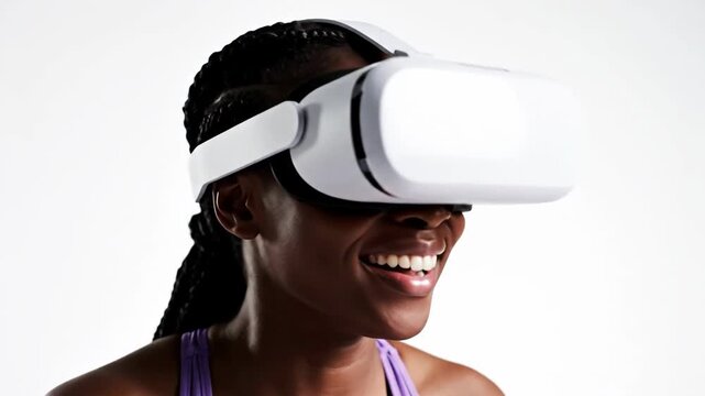 Person wearing VR headset smiles brightly against a plain white background