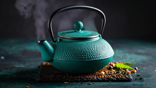 Steaming teal cast iron teapot with dry tea leaves and spices on a dark surface