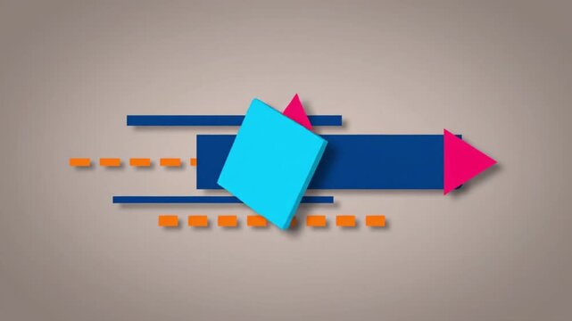 Geometric shapes in motion, a blue square overlaps a navy blue arrow with a pink tip on a gray background with orange accents.