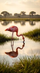 Pink Flamingo Standing in Shallow Water.